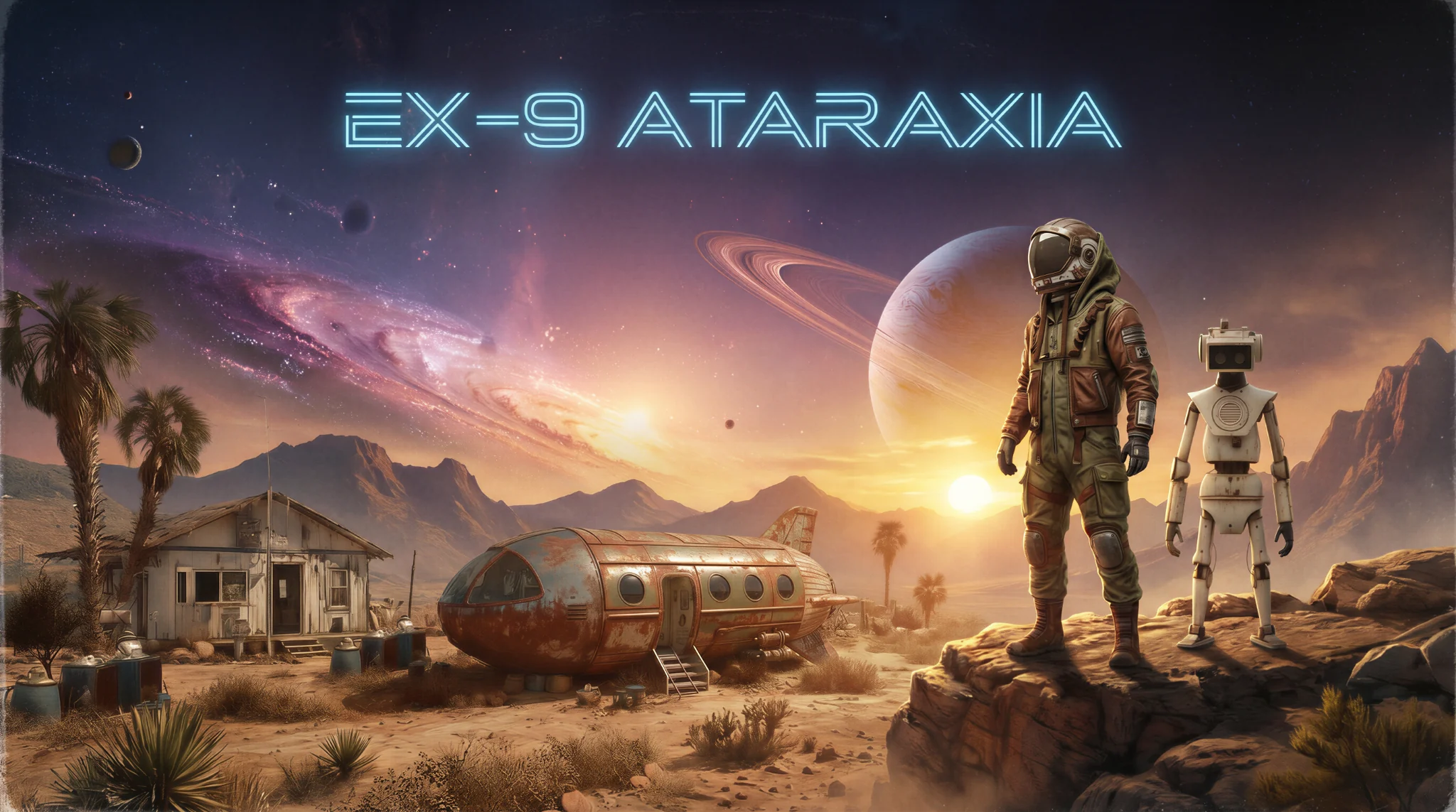 Signal Ataraxia: an astronaut and robot overlook a desert settlement beneath a glowing cosmic sky